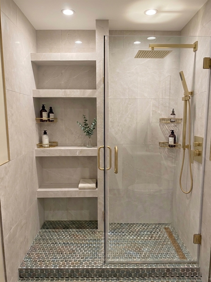 Modern bathroom renovation with marble tile - Sani Building Corp