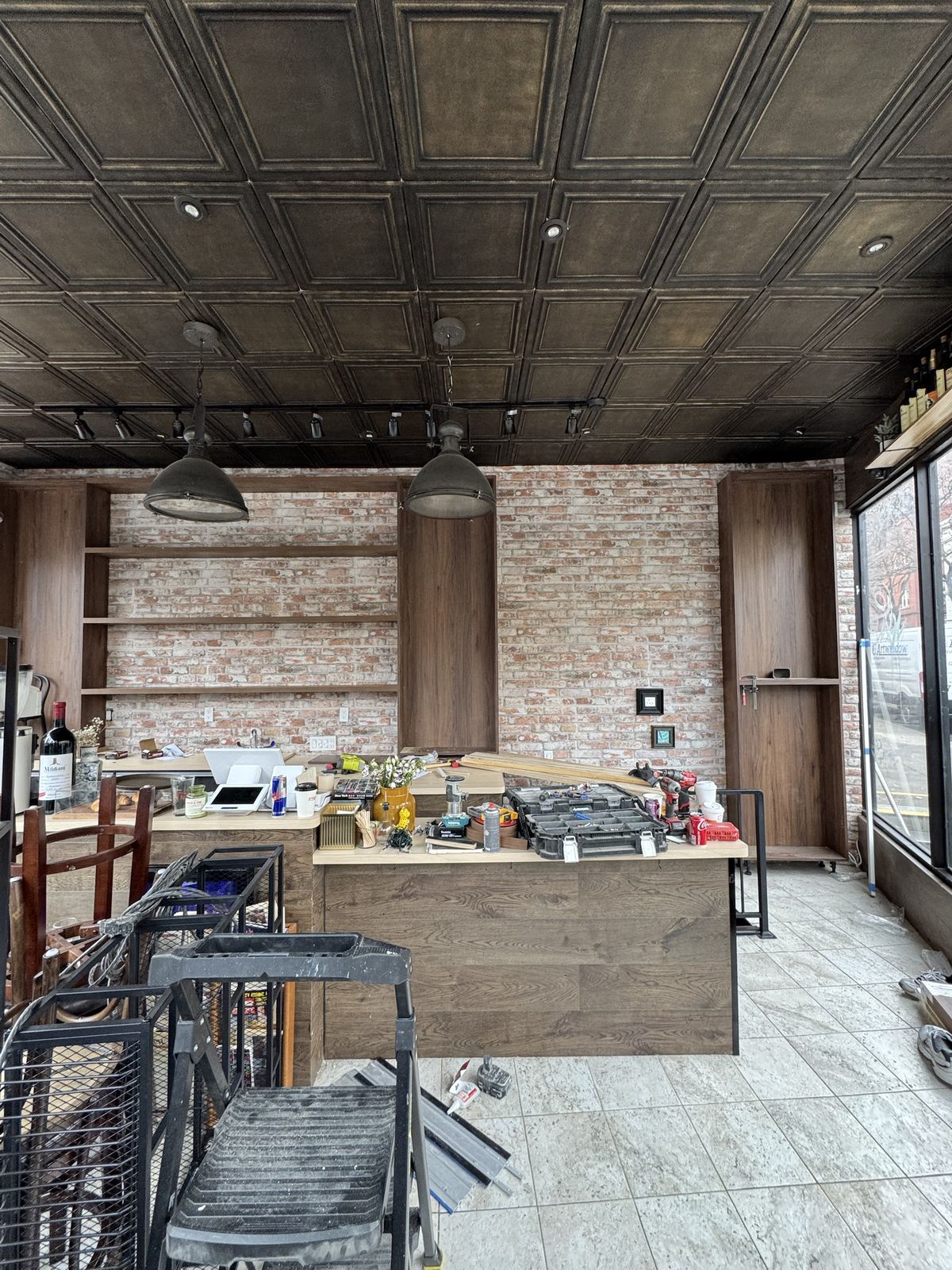 Commercial millwork installation NYC - counters and wall shelving
