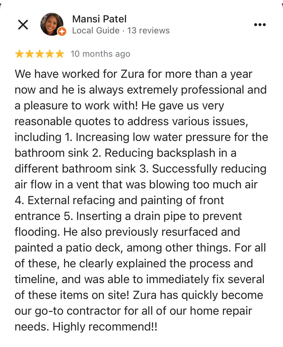 5-star Google review of Sani Building Corp cabinet installation Brooklyn NYC