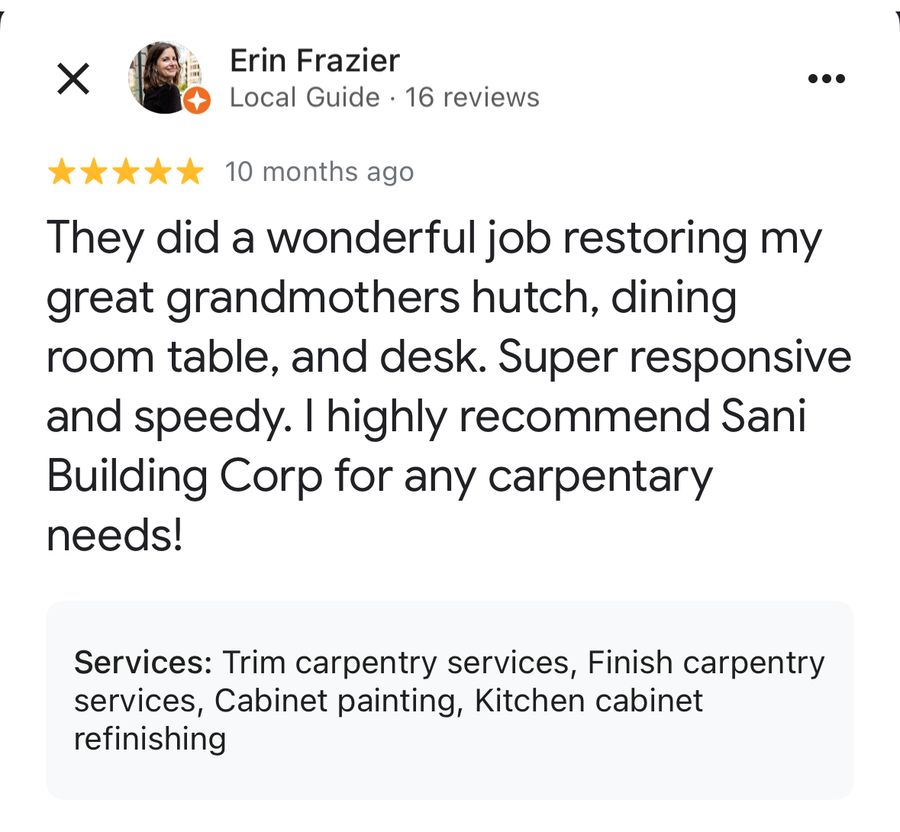 5-star Google review Sani Building Corp renovation and repair NYC