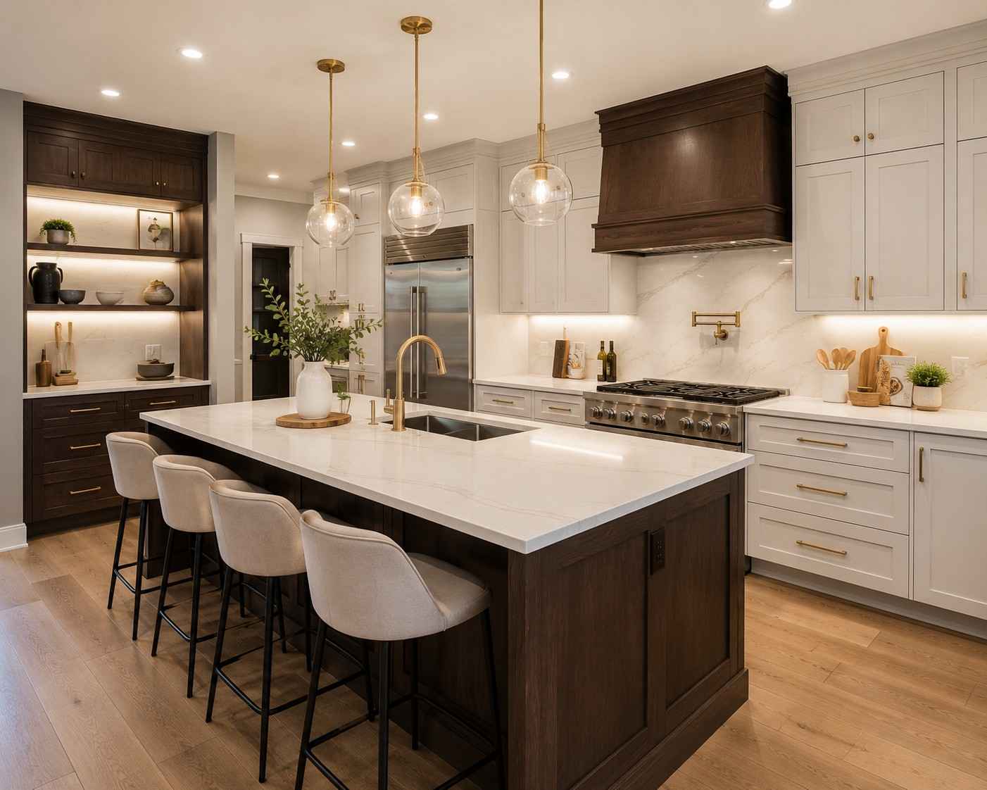 Luxury kitchen renovation in Brooklyn featuring custom shaker cabinets, waterfall quartz island and brass pendant lighting