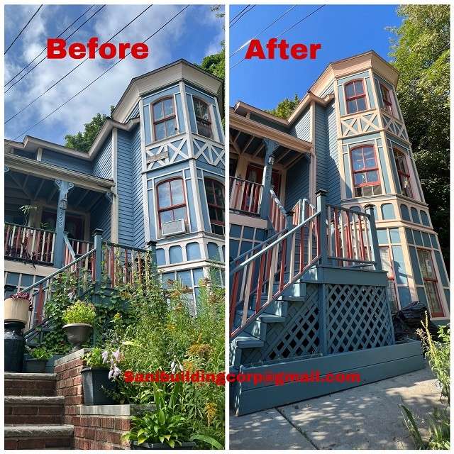 Exterior facade restoration on a Brooklyn brownstone with repointed brick, repaired cornice and new entry door