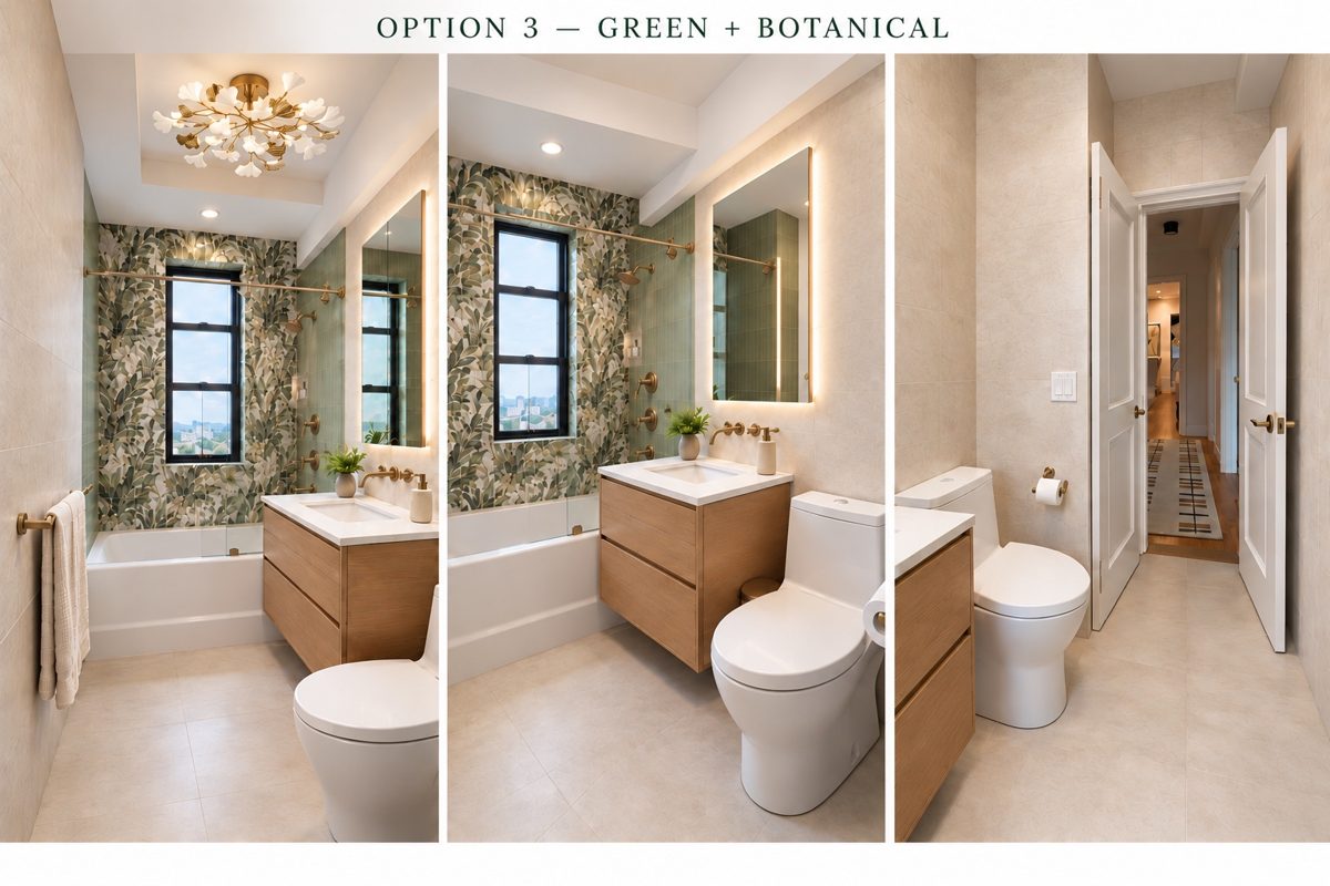 Bathroom tile design option with a green botanical decor accent wall