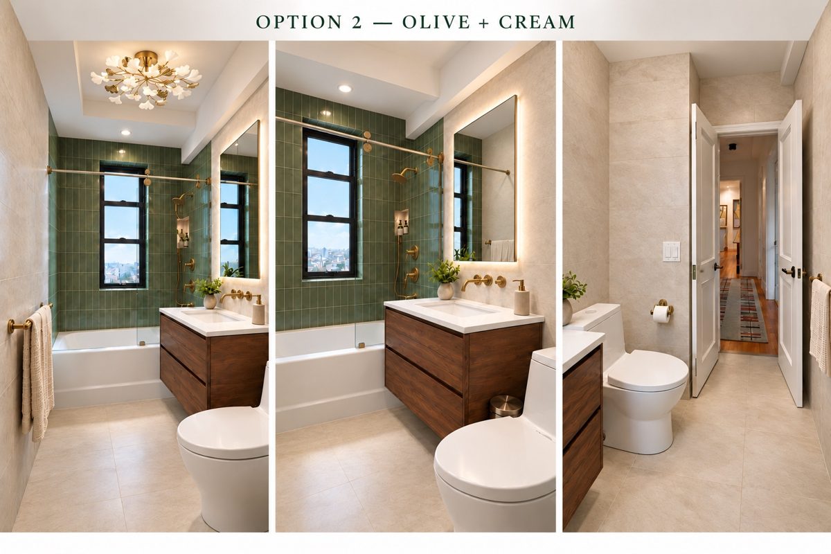Bathroom tile design option with olive green shower tile and cream walls