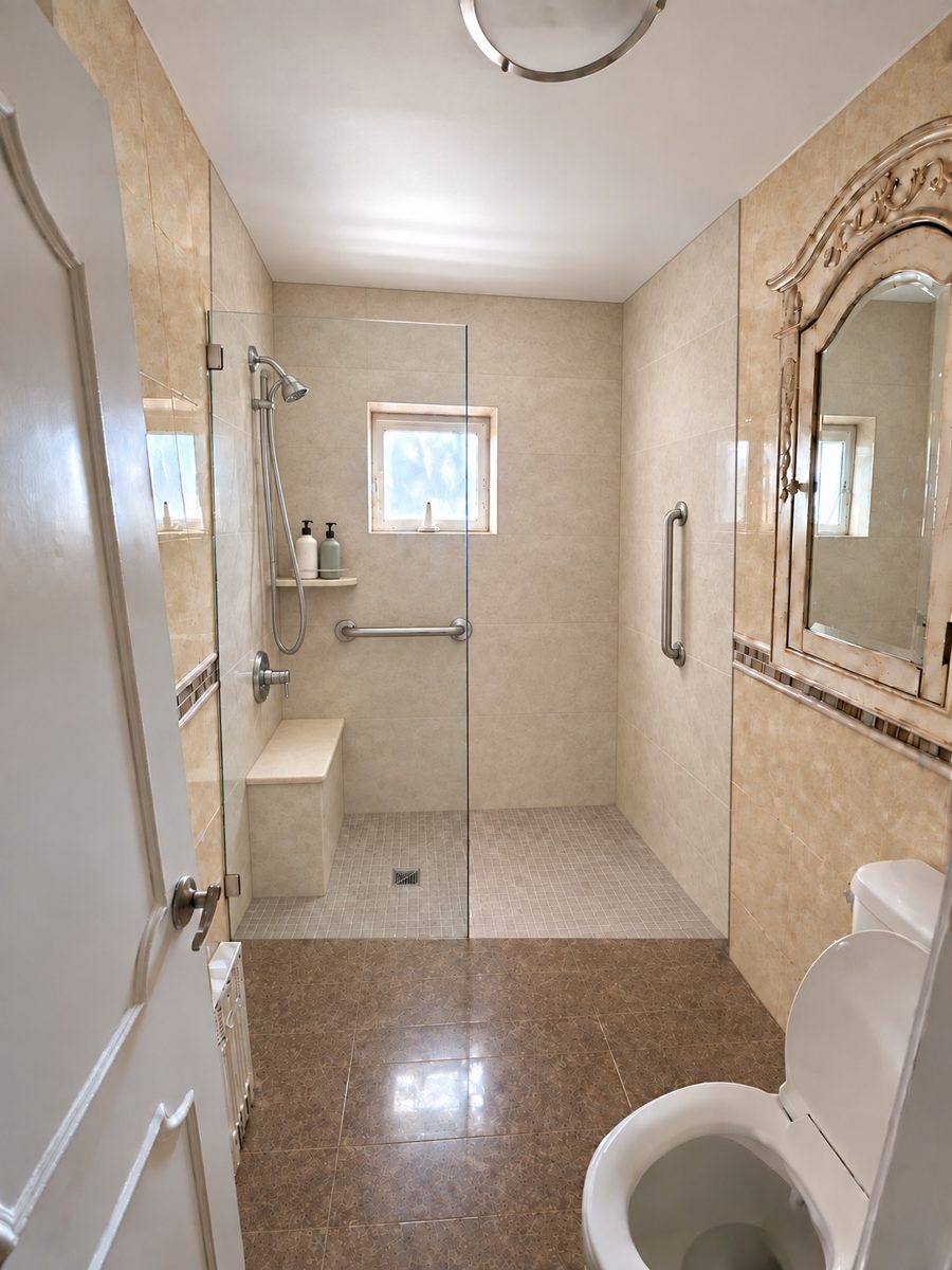 Low-entry walk-in shower with glass door and grab bar after a bathtub conversion