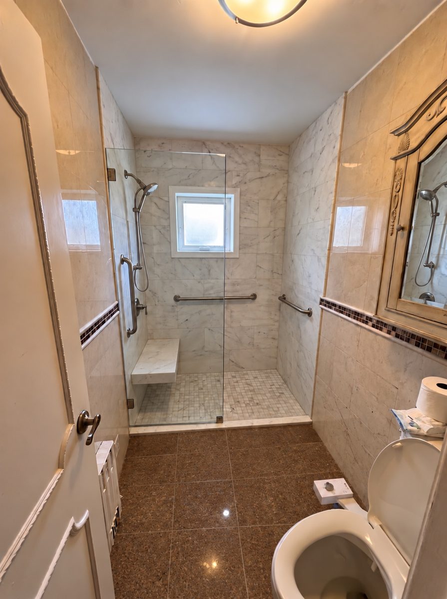 Senior-friendly walk-in shower with grab bars, a built-in bench and a handheld shower in an NYC bathroom