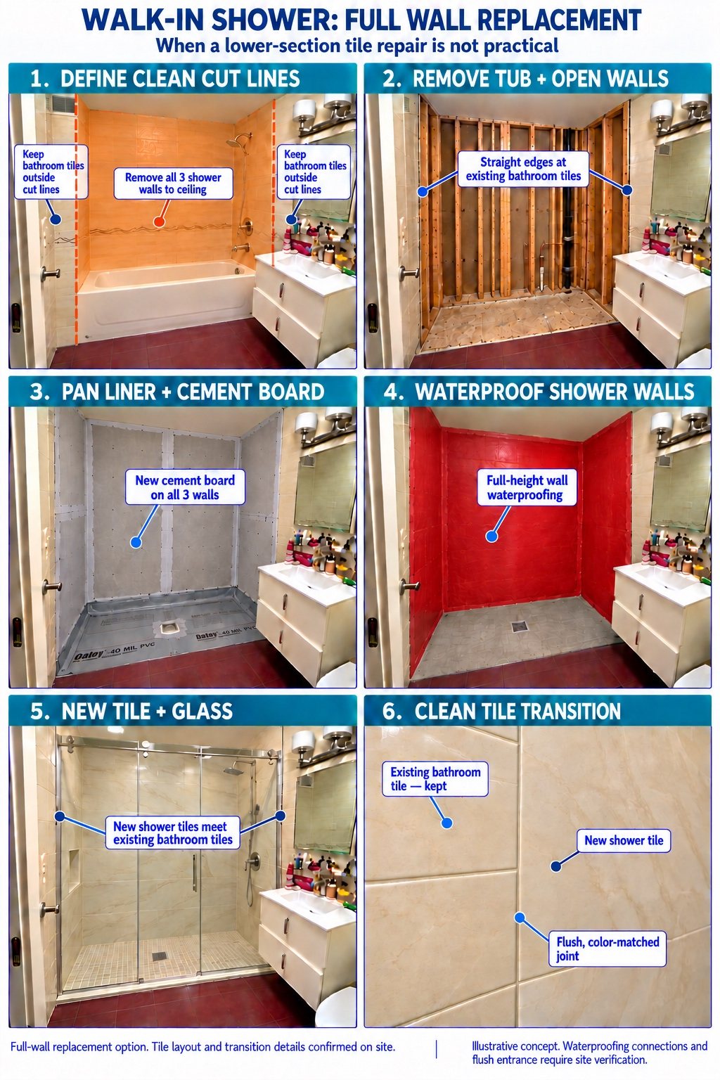 Walk-in shower full wall replacement: clean cut lines, tub and wall tile removed, pan liner and cement board, full-height waterproofing, new tile and glass