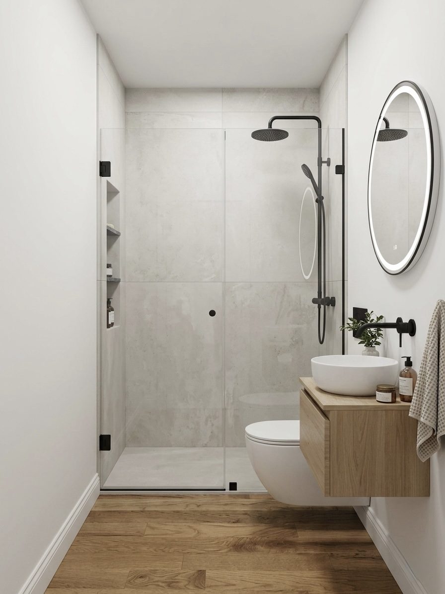 Bright walk-in shower with light wall tile and wood-look floor