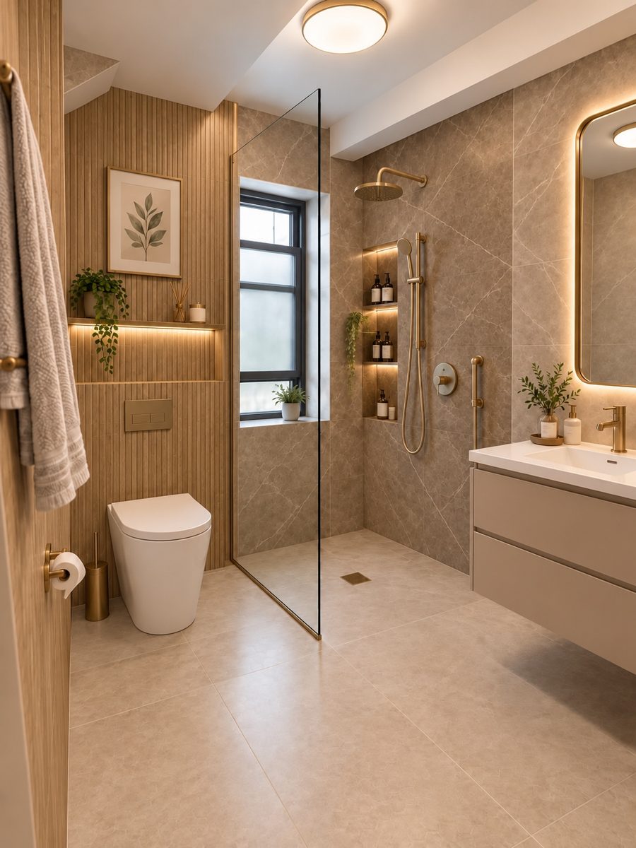 Walk-in shower with wood-look accent tile and light stone tile