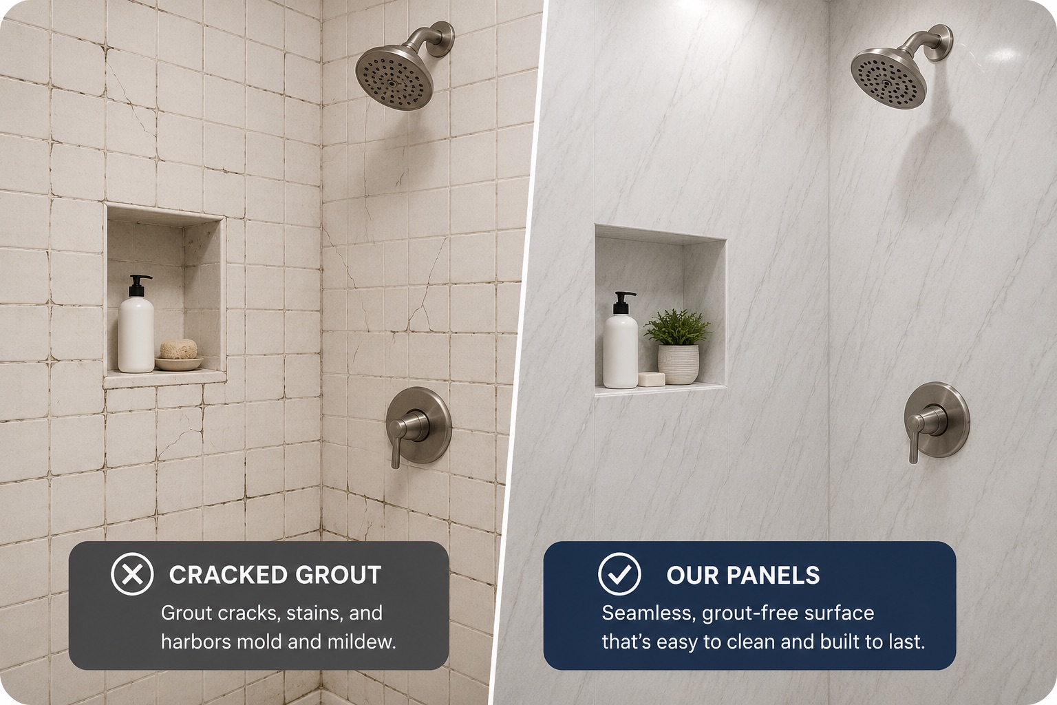 Seamless panel wall with no grout lines