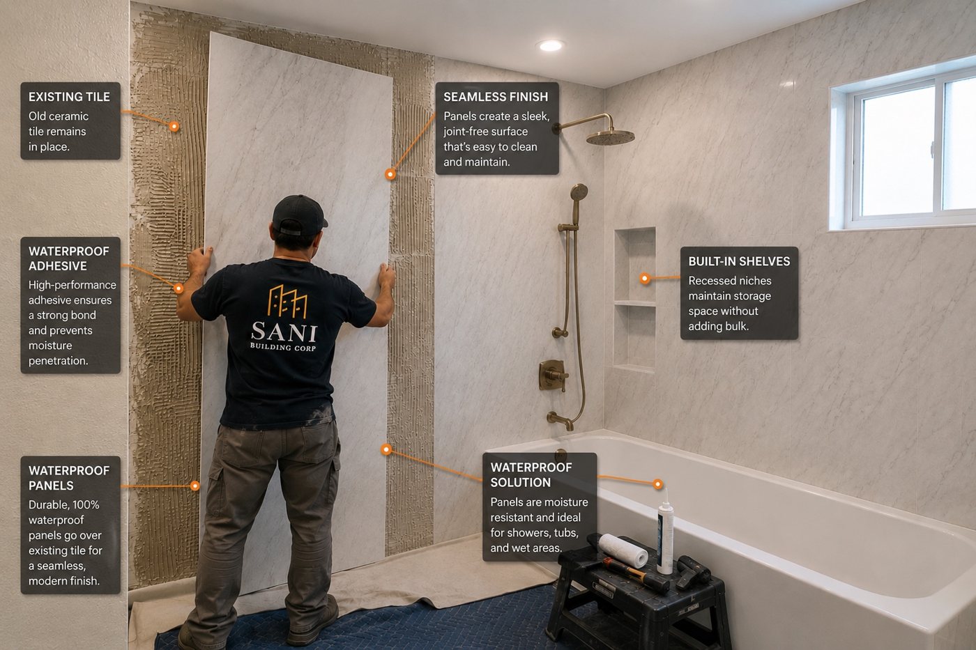 Sani Building Corp installer gluing a waterproof wall panel directly over existing bathroom tile